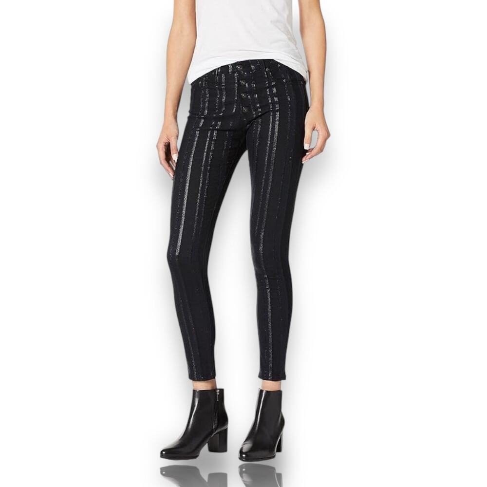 AG Adriano Goldschmied Farrah Skinny Ankle Jeans Navy Black Metallic Stripe 27R